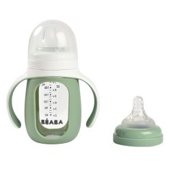 BÉABA Biberonnerie | Biberon Verre D'Apprentissage 2-En-1 Sage Green - 210 Ml