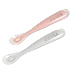 BÉABA Repas | Lot De 2 Cuilleres 1Er Age Silicone - Grey & Pink