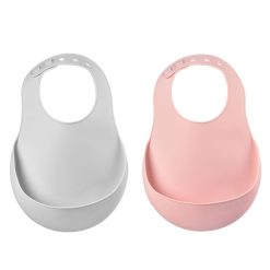 BÉABA Bavoir | Lot De 2 Bavoirs Silicone - Light Mist & Old Pink