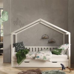 VIPACK Meuble Bebe | Lit Maison Dallas Avec Barriere Et Tiroir Blanc - 90 X 200 Cm